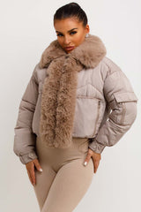 womens padded puffer jacket faux fur hood and trim