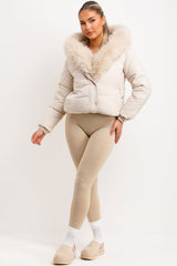 womens fur hood and trim padded bomber jacket for winter