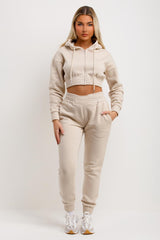 womens zip front crop tracksuit oatmeal