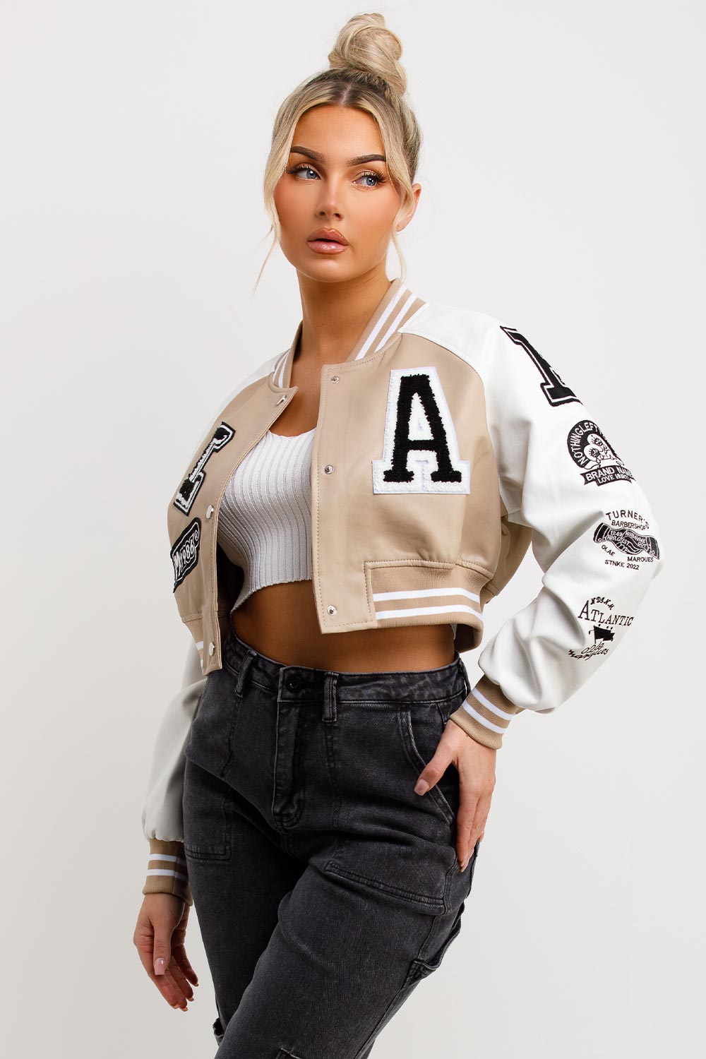 womens crop faux leather bomber jacket