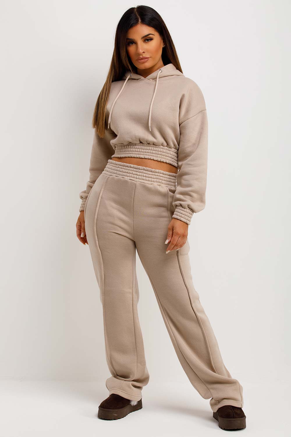 womens tracksuit crop hoodie and straight leg joggers with seam detail