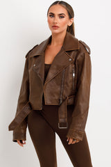 womens zara faux leather jacket with belt and lapel collars