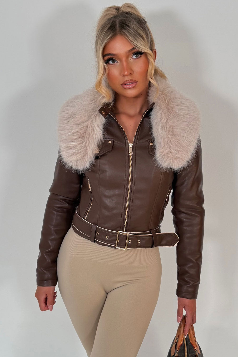womens faux fur faux leather jacket with belt brown styledup