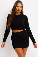 long sleeve cable knit crop jumper black 