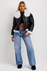 womens zara crop aviator jacket with fur collar