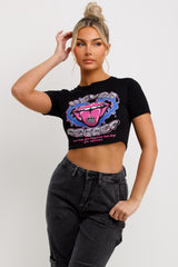 womens black crop t shirt with lips graphic and never regret slogan