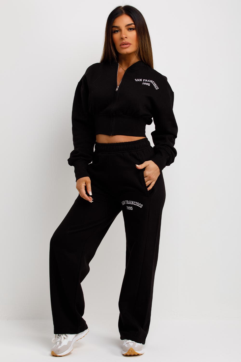 womens crop zipper jacket and straight leg joggers tracksuit co ord set