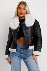 womens crop aviator jacket with fur collar