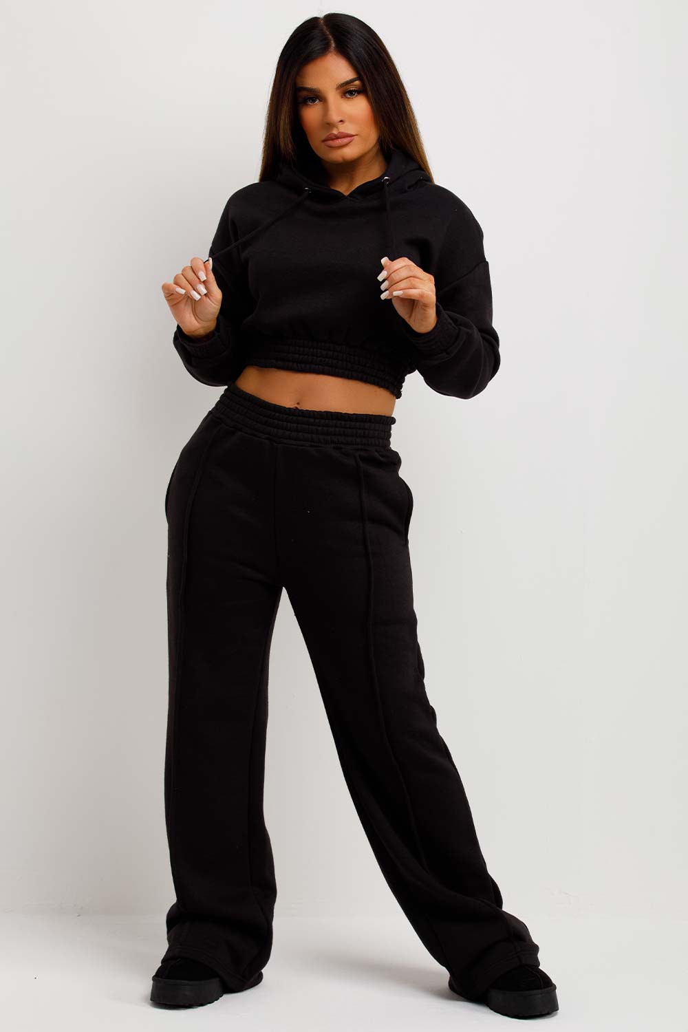 womens black straight leg joggers and crop hoodie tracksuit set