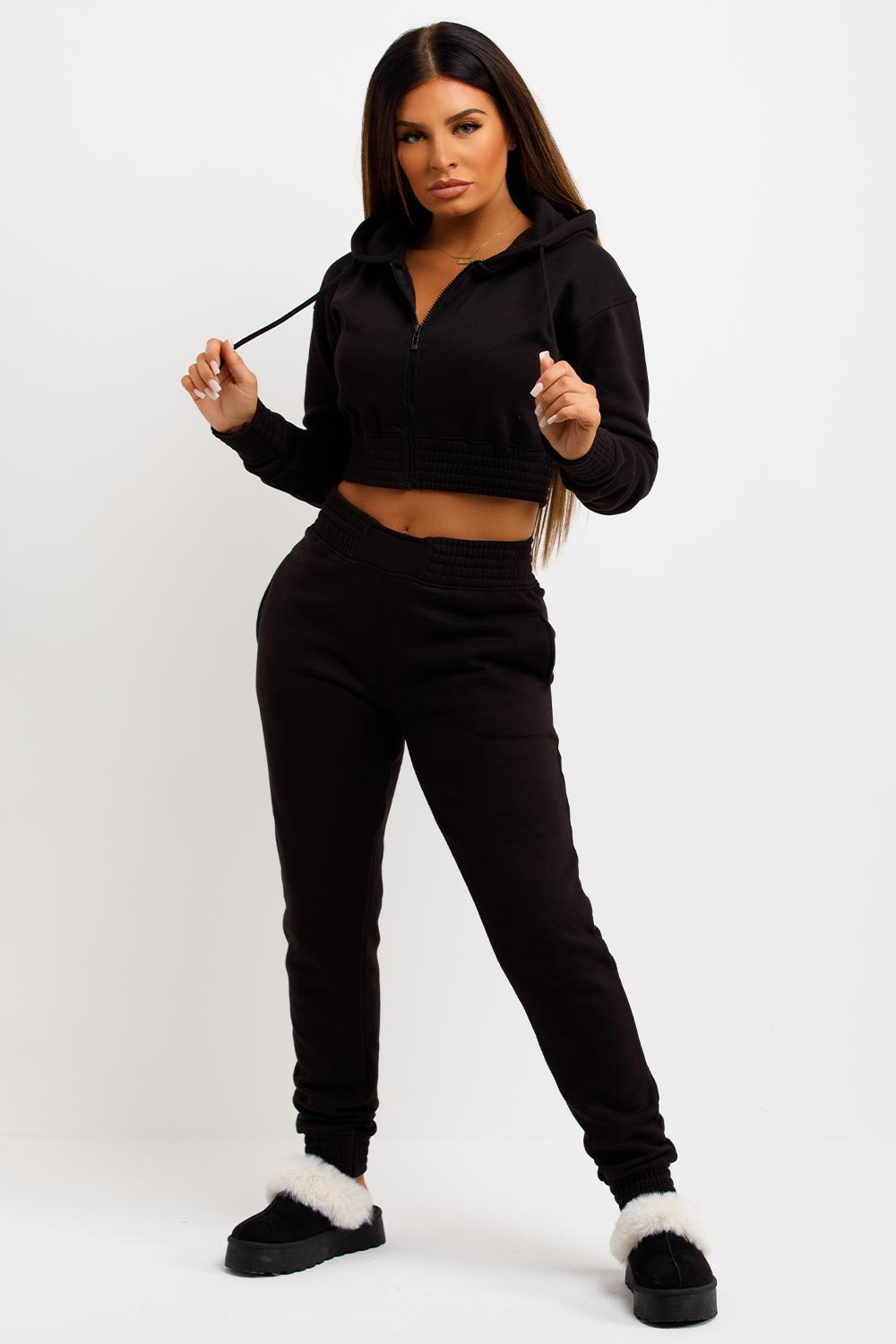 womens black crop zip front hoodie and joggers tracksuit set