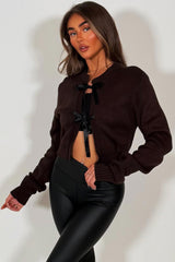 knitted cardigan with satin bows on the front brown styledup 