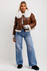 womens cropped aviator biker jacket with faux fur collar and trim