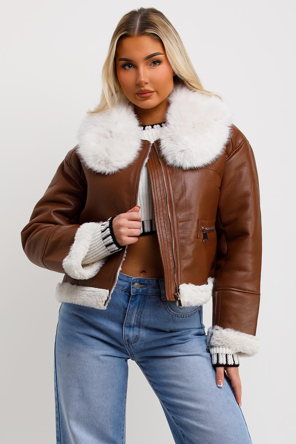 womens crop aviator jacket with faux fur collar