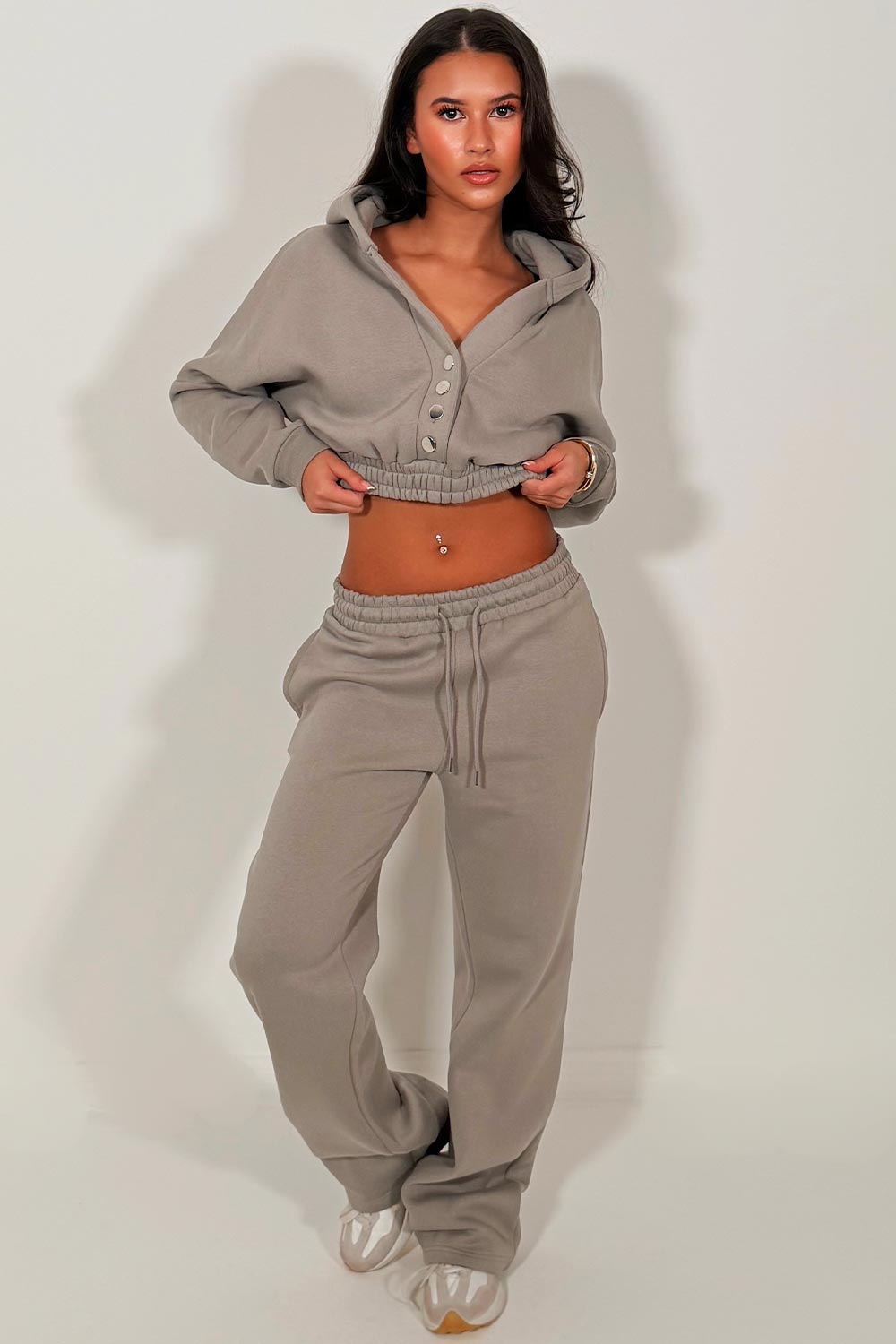 button up crop hoodie and wide leg joggers tracksuit set styledup 