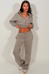 button up crop hoodie and wide leg joggers tracksuit set styledup 