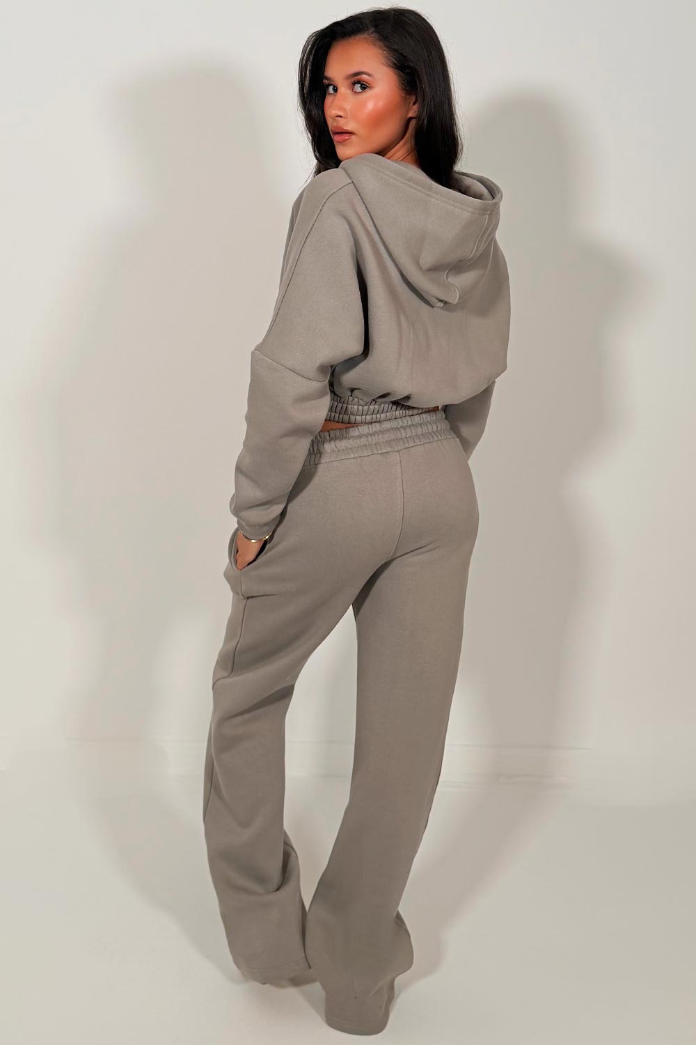 womens crop button up hoodie and wide leg joggers tracksuit set dove grey