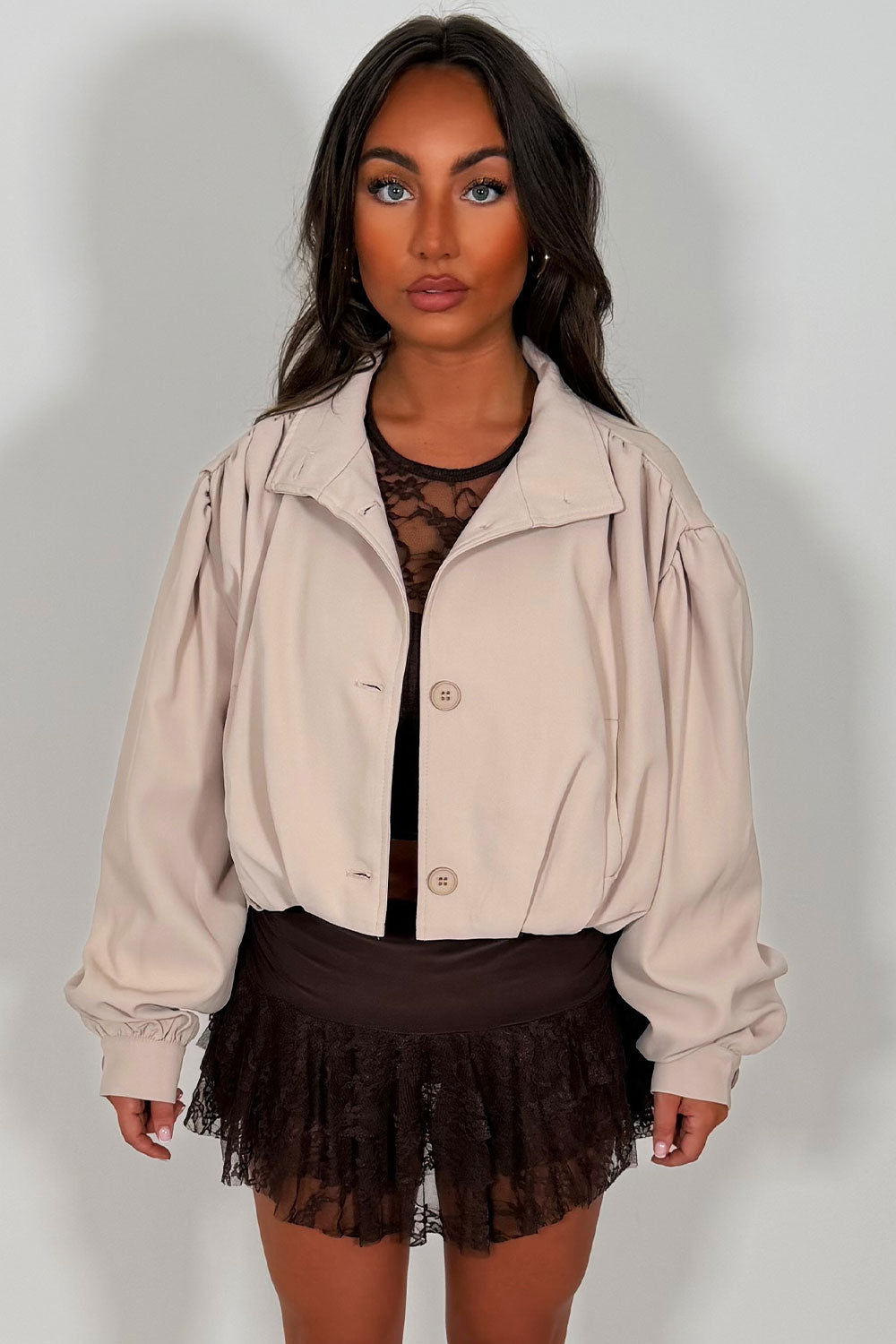 funnel neck bomber jacket with long sleeves plated gathered shoulders styledup uk