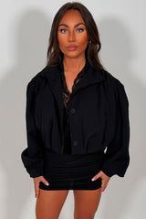 funnel neck bomber jacket with long sleeves plated gathered shoulders styledup uk