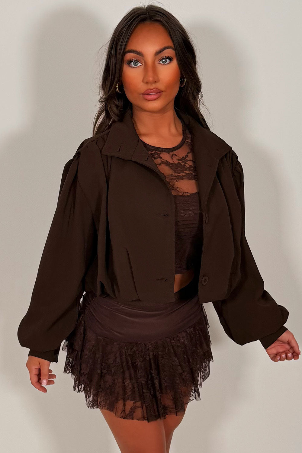 womens brown bomber jacket with funnel nect long sleeves button fastening styledup uk