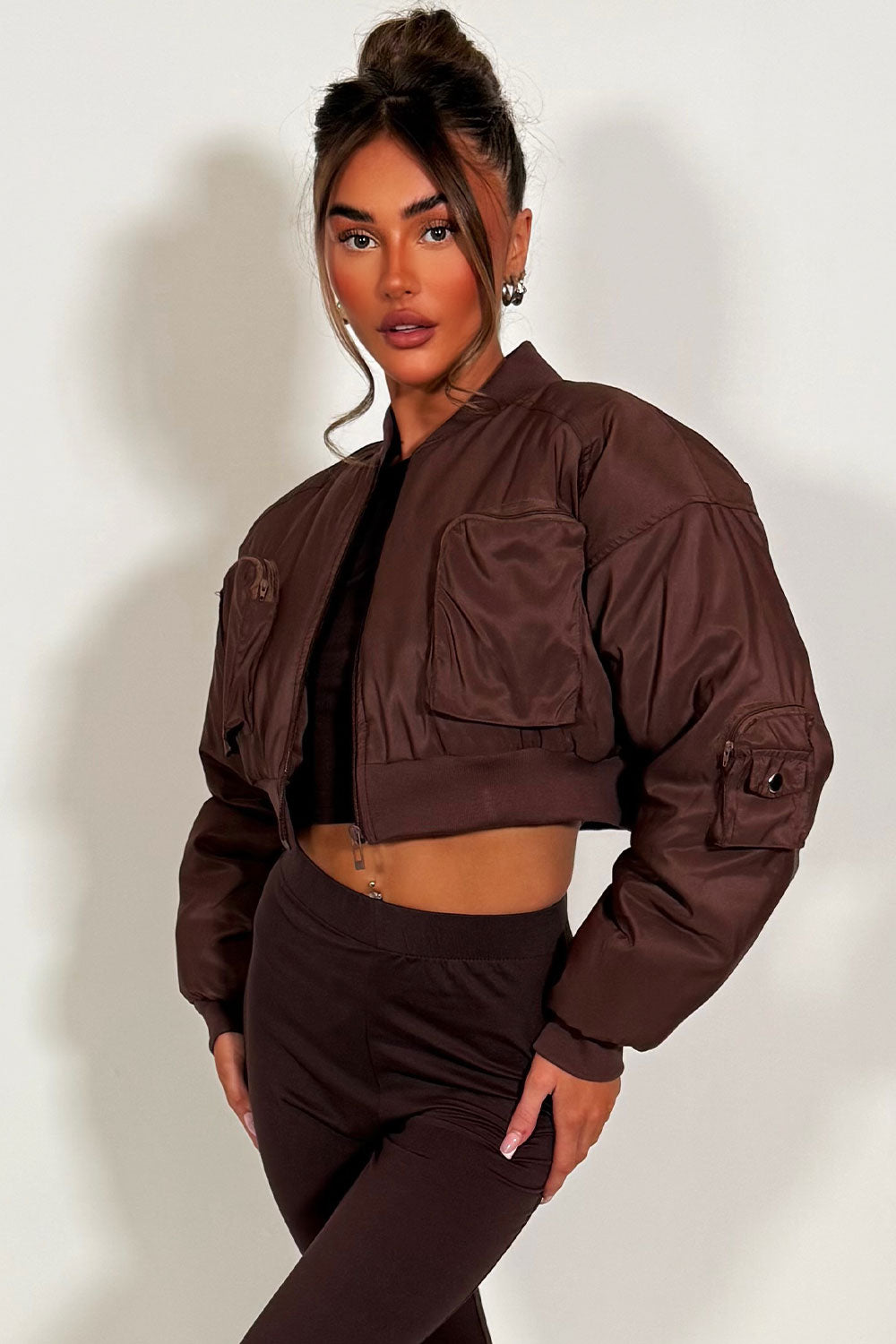 brown puffer padded crop jacket for womens styledup