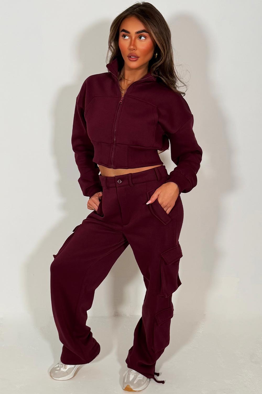 cargo joggers and crop sweatshirt loungewear co ord set for womens casual outfit for winter spring 
