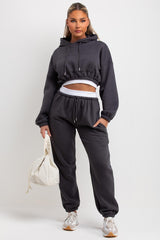 womens crop hoodie and joggers set tracksuit charcoal grey