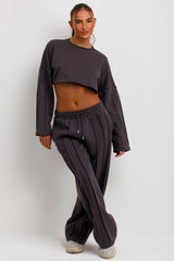 charcoal grey crop sweatshirt and seam detail straight leg joggers two piece tracksuit set womens