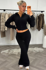 womens crop corset cinched waist hoodie and joggers tracksuit set airport outfit black styledup