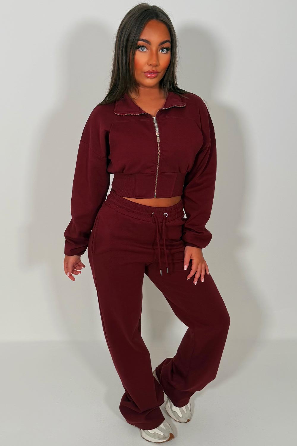womens zip up sweatshirt and wide leg joggers two piece tracksuit co ord set styledup
