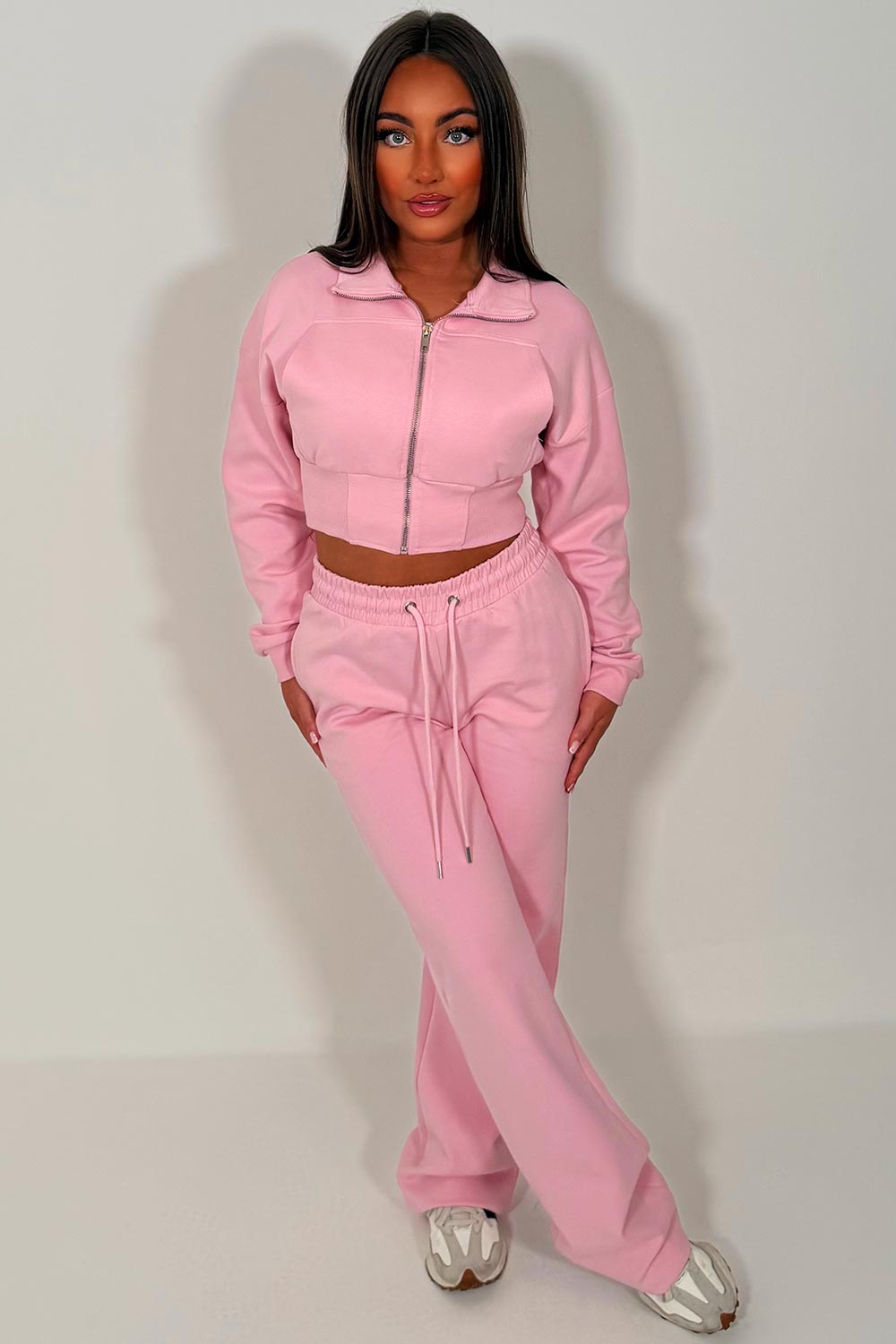 crop zip up sweatshirt and wide leg joggers tracksuit co ord styledup uk