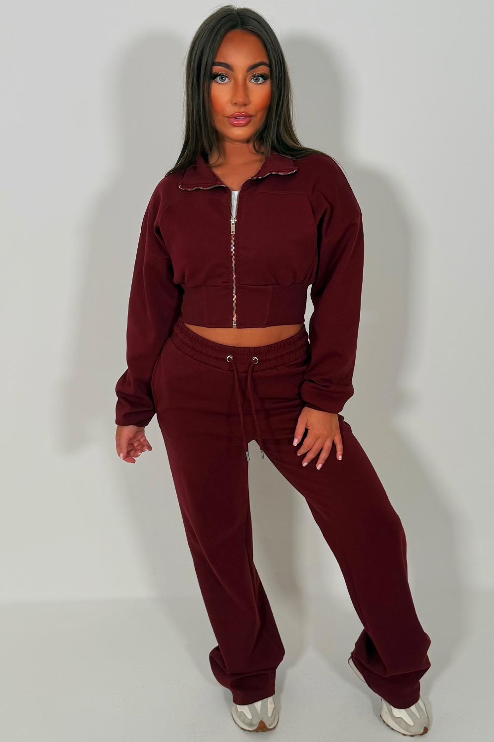 womens wide leg joggers and crop sweatshirt tracksuit co ord holiday airport outfit styledup