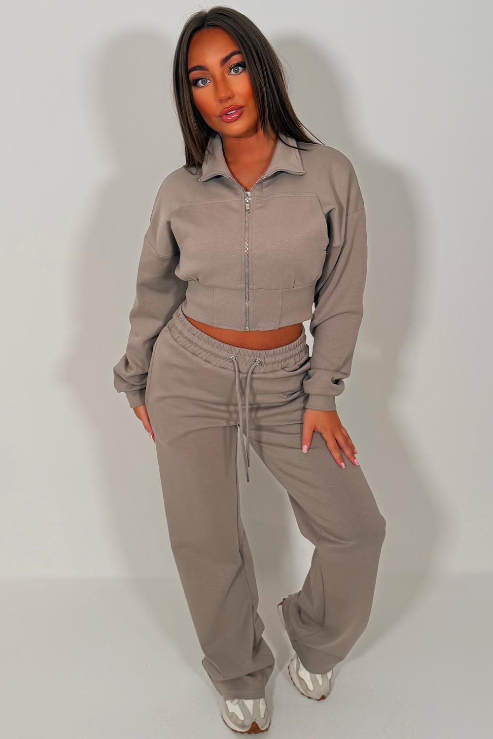 womens wide leg joggers and crop sweatshirt tracksuit airport outfit styledup