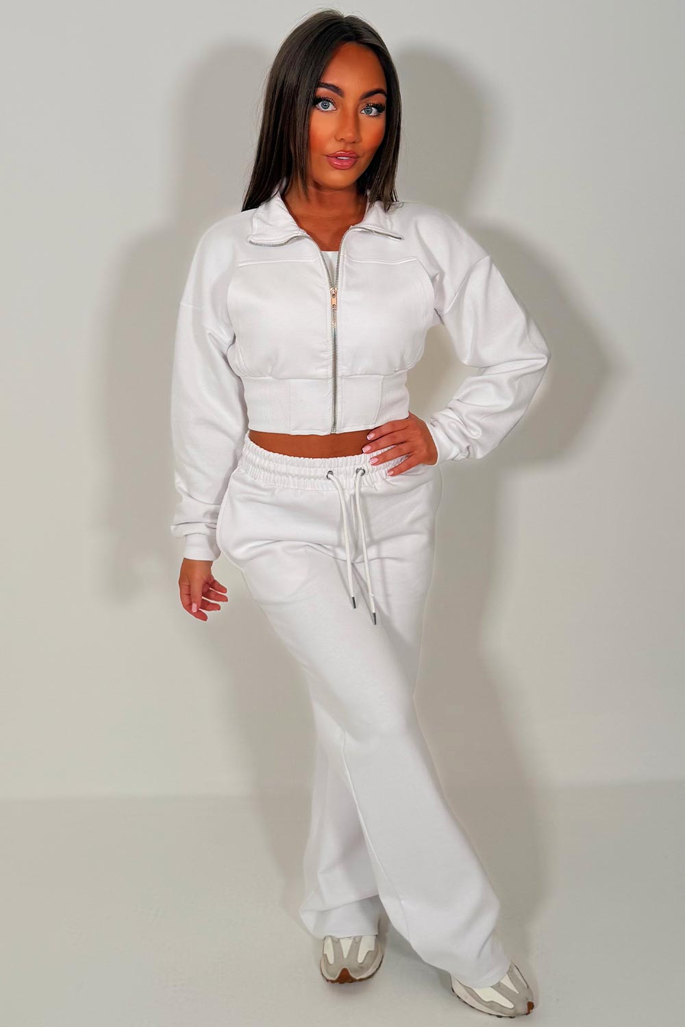 womens wide leg joggers and crop sweatshirt tracksuit airport outfit styledup