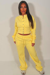 button up crop sweatshirt and wide leg joggers two piece loungewear co ord set womens styledup
