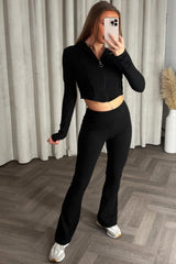 zara womens crop corset hoodie and flare trousers co ord lounge set black