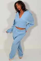 womens crop corset hoodie and joggers tracksuit sky blue set airport outfit styledup uk