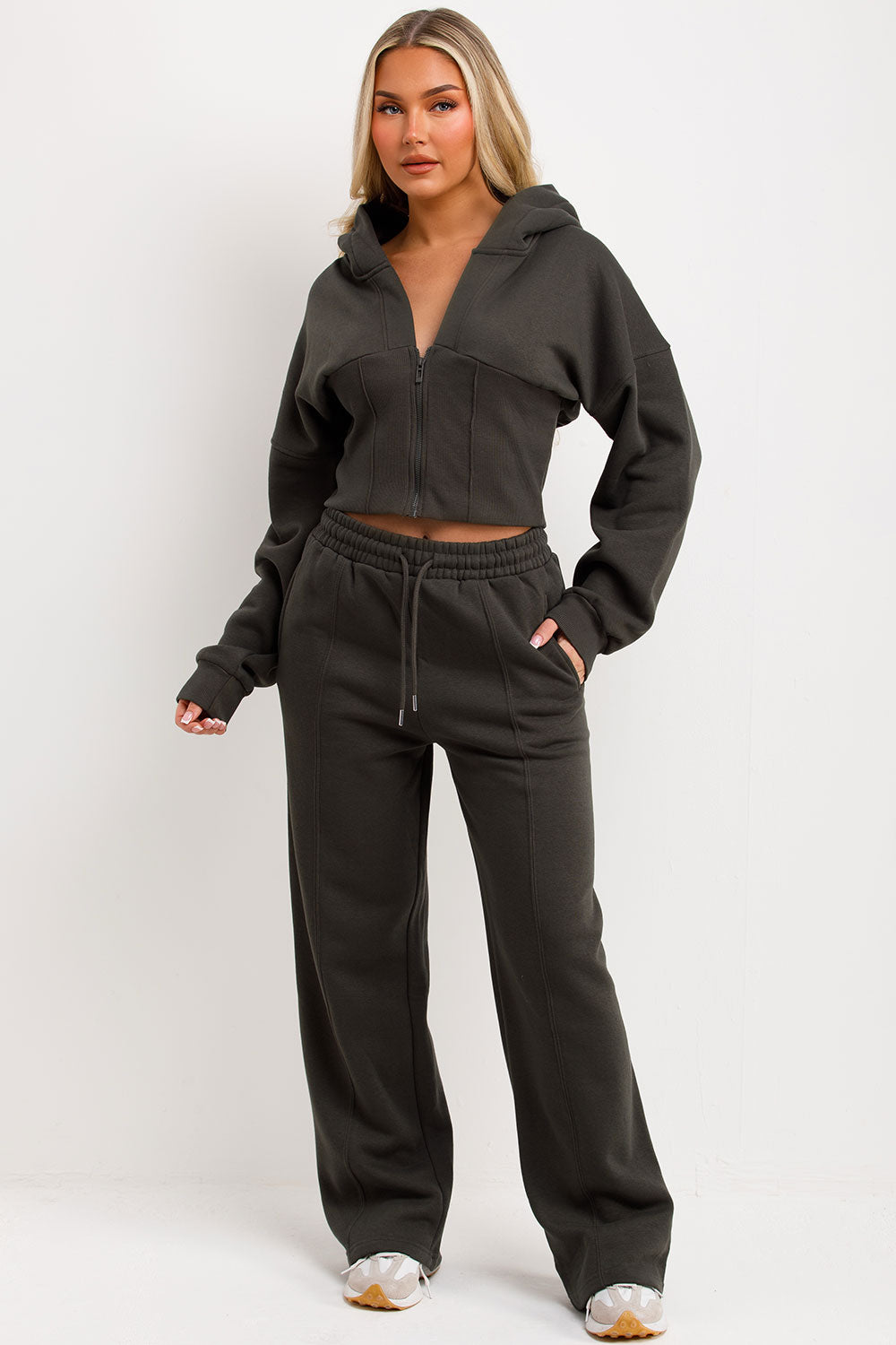 womens crop corset hoodie and joggers tracksuit set airport outfit styledup