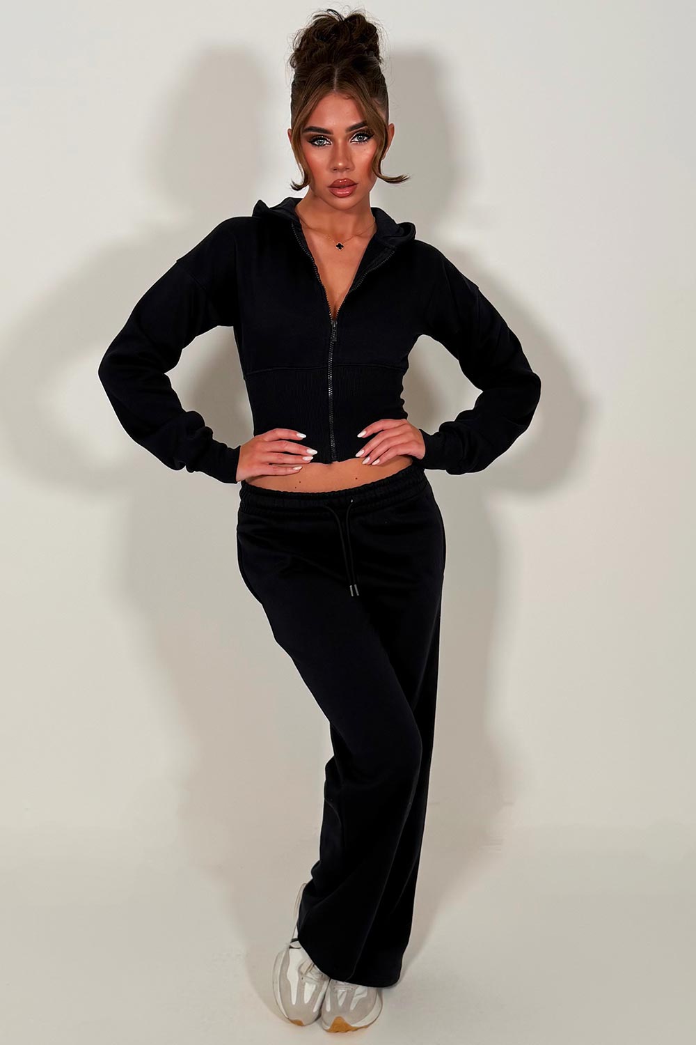 womens crop corset cinched waist hoodie and joggers tracksuit set airport outfit navy styledup