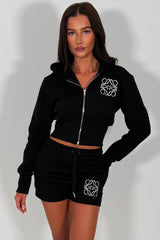 womens embroidery detail crop hoodie and shorts co ord set summer holiday tracksuit sale styledup uk