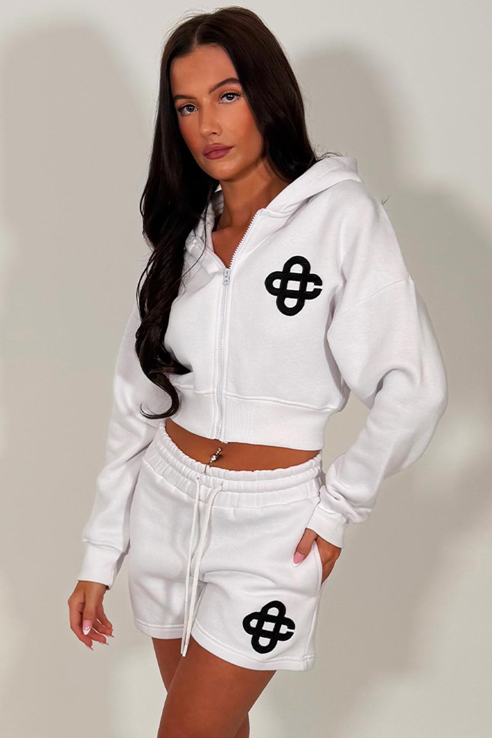 womens embroidery detail crop hoodie and shorts co ord set summer holiday tracksuit sale styledup uk