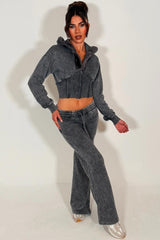fur hood crop hoodie and wide leg joggers tracksuit loungewear set for womens grey acid wash
