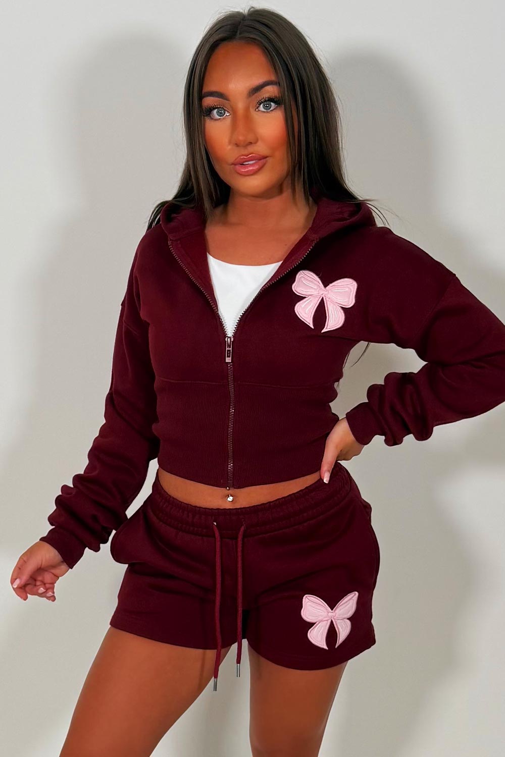 womens bow detail crop hoodie and shorts co ord set summer holiday tracksuit sale styledup uk