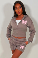 womens bow detail crop hoodie and shorts co ord set summer holiday tracksuit sale styledup uk