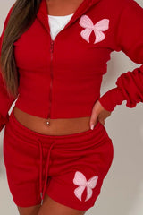 womens bow detail crop hoodie and shorts co ord set summer holiday tracksuit sale styledup uk