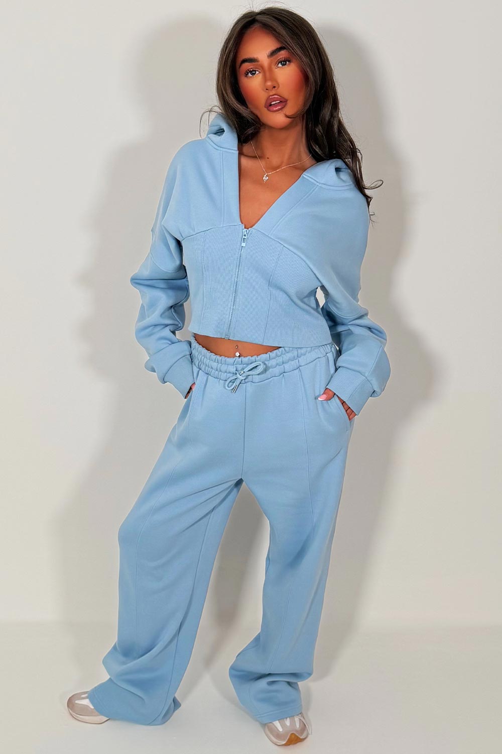 womens crop corset hoodie and joggers two piece loungewear co ord set styledup fashion airport outfit sky blue uk