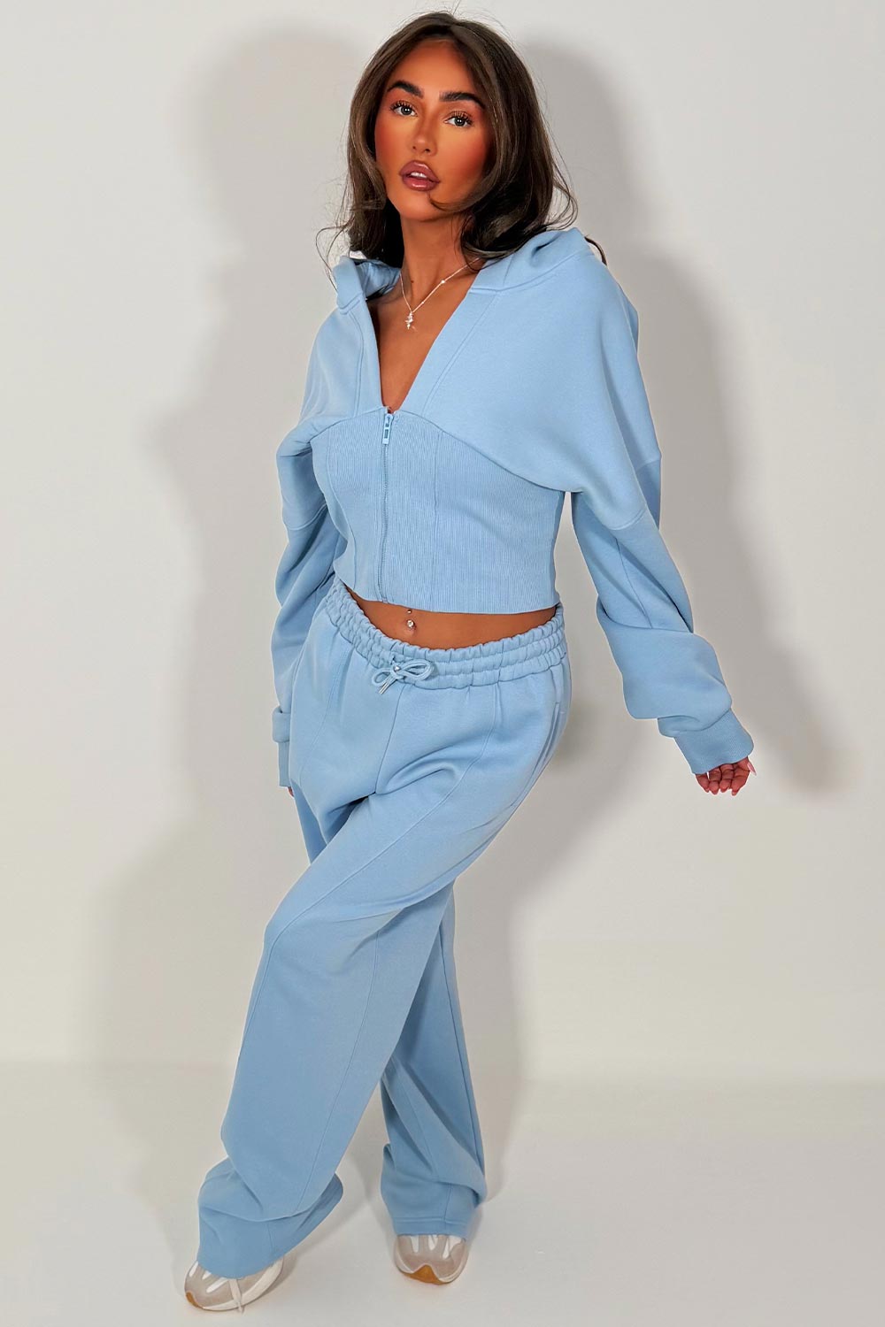 womens crop corset hoodie and joggers casual loungewear co ord set airport outfit styledup sky blue