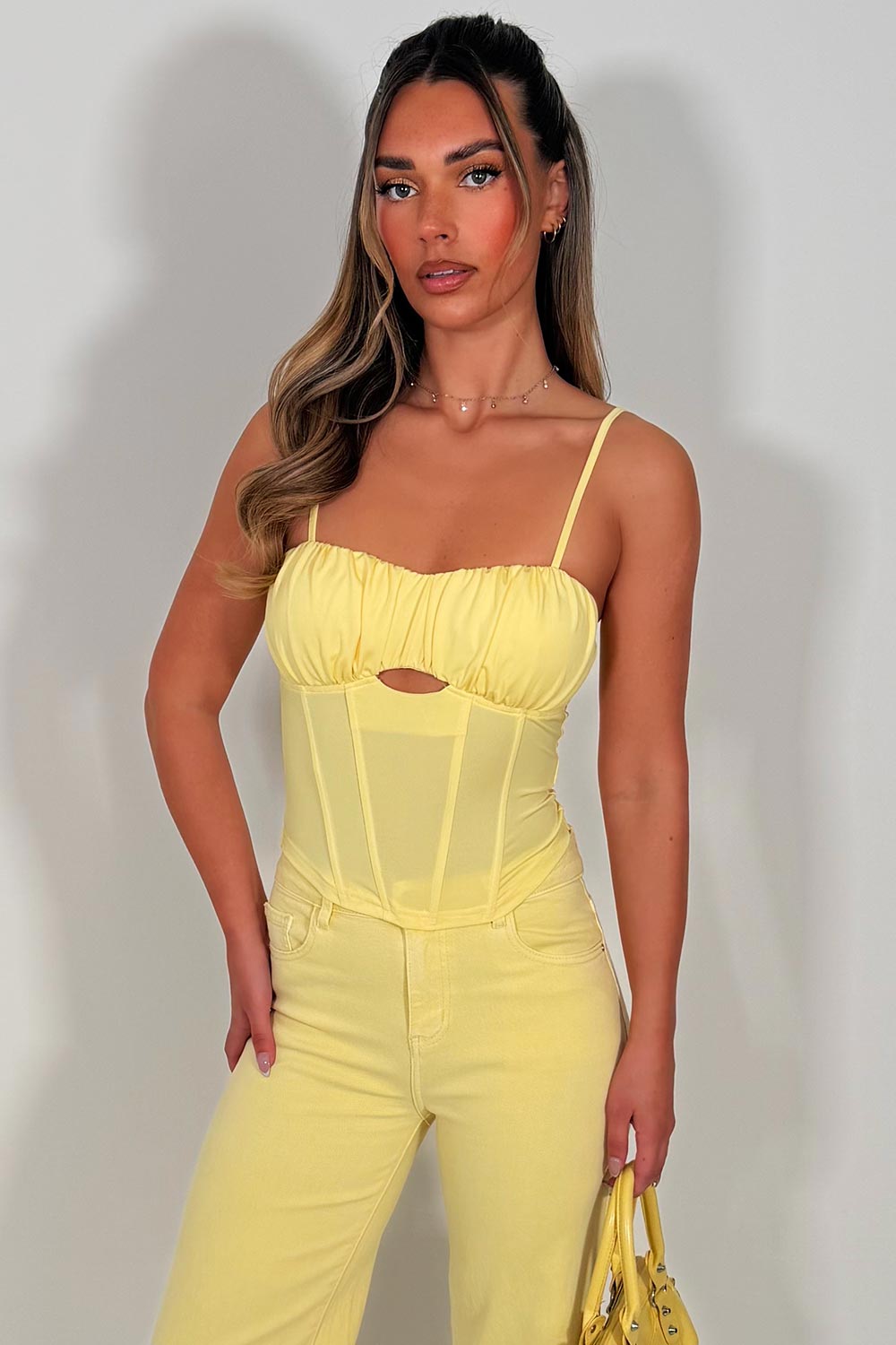 womens going out festival corset crop top yellow styledup 
