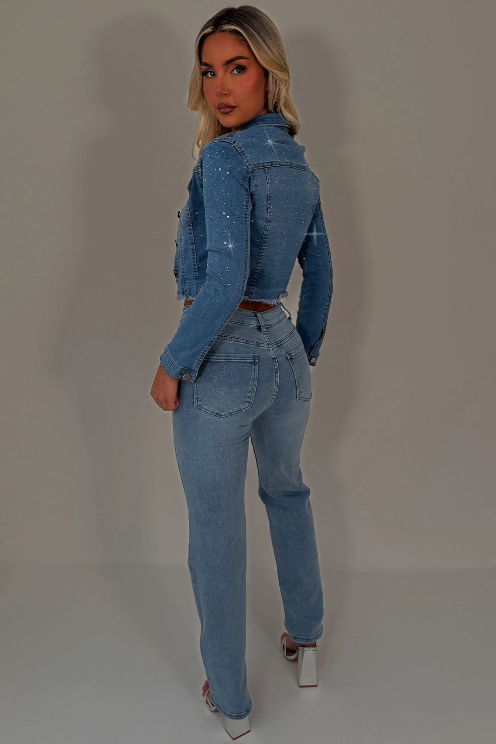rhinestone crop denim blue jacket womens zara uk