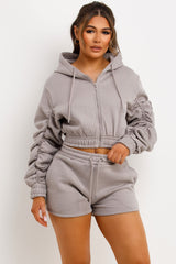 ruched sleeve crop zip hoodie and shorts tracksuit set womens