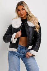 faux leather crop aviator jacket with fur collar